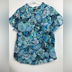 Talbots Plus Sz 0X Petite Cotton Blouse Top In Blue Green Floral Print NWOT